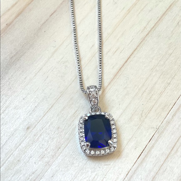 Sapphire cubic zirconia necklace sterling silver September - Picture 2 of 5